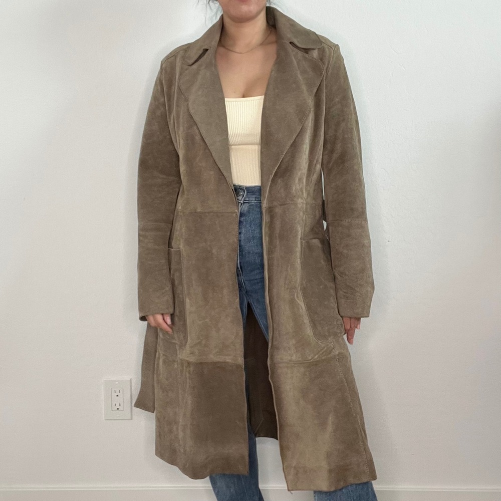 MNG Mango Genuine Leather Suede Trench Coat Belted‎ Taupe Double Breasted - Picture 3 of 16